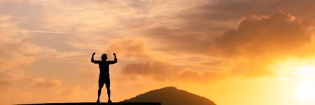 A person stands firmly on top of a high structure with their fists up in the air. Behind them is a mountain top and a glowing sunset.