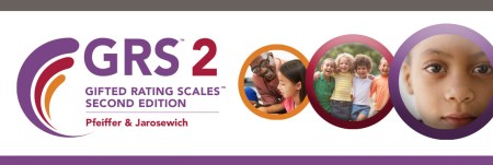 The Gifted Rating Scales Second Edition logo sits on a white background next to three circular images. The first image is of a teacher and a student, the second image is a group of children hugging and smiling, and the third image is a close-up of a child's face.