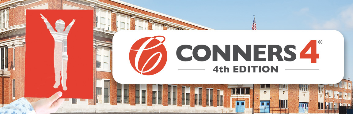 The Conners 4th Edition logo next to a cutout of a child on a red sheet of paper, overlapping the backdrop of a school.