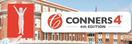 The Conners 4th Edition logo next to a cutout of a child on a red sheet of paper, overlapping the backdrop of a school.
