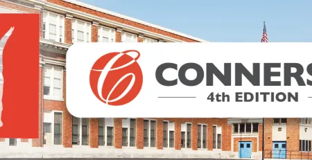 The Conners 4th Edition logo next to a cutout of a child on a red sheet of paper, overlapping the backdrop of a school.