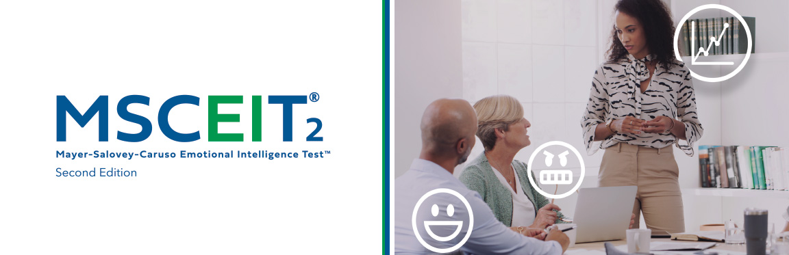 The MSCEIT 2 logo next to an image of three people in a meeting, with one person standing up, looking down and listening to the rest of the group. Within the image, there are floating emoticons and icons around the people.