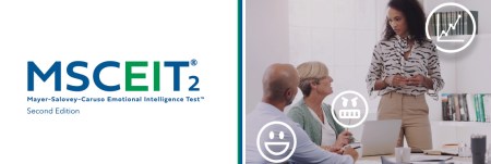The MSCEIT 2 logo next to an image of three people in a meeting, with one person standing up, looking down and listening to the rest of the group. Within the image, there are floating emoticons and icons around the people.