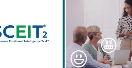 The MSCEIT 2 logo next to an image of three people in a meeting, with one person standing up, looking down and listening to the rest of the group. Within the image, there are floating emoticons and icons around the people.