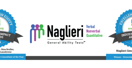 Two “Excellence in Equity Industry Impact Award” badges displayed. The first badge announces the Naglieri General Ability Tests authors as winners of “Author, Speaker, or Consultant of the Year”. The second badge announces the Naglieri General Ability Tests as a winner of “Diversity and Inclusion Solution.” The Naglieri General Ability Tests logo sits between the badges.