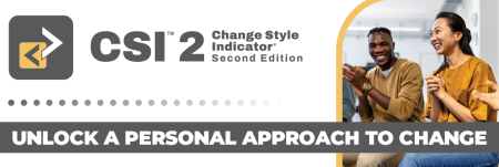 A promotional banner for "CSI 2 Change Style Indicator Second Edition" featuring a logo with an arrow and the text "Unlock a Personal Approach to Change." The image includes people clapping in a classroom or seminar setting.