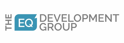 Logo for The EQ Development Group. The word 'THE' appears vertically in gray on the left. Next to it is a blue speech bubble with white letters 'EQ'. To the right, 'DEVELOPMENT GROUP' is written horizontally in gray.
