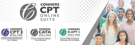 The image shows a promotional banner for the Conners CPT Online Suite, which includes three different tests: Conners CPT 3 Online (Conners Continuous Performance Test 3rd Edition), Conners CATA Online (Conners Continuous Auditory Test of Attention), and Conners K-CPT 2 Online (Conners Kiddie Continuous Performance Test 2nd Edition). The left side of the banner features the logos and names of these tests, while the right side shows a group of individuals of different ages, standing together.