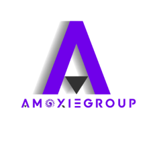 Logo for Amoxie Group featuring a large, stylized purple letter 'A' with a black triangle at its base. Below the 'A,' the text 'AMOXIEGROUP' appears in uppercase letters, with the letter 'O' replaced by a circular spiraling design. The background is white