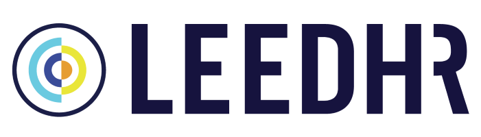 Logo for LeedHR featuring the word 'LEEDHR' in bold, dark blue capital letters. To the left of the text is a circular design made up of concentric circles in blue, light blue, yellow, and orange, enclosed within a dark blue ring.