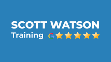 Logo on a blue background featuring the text 'SCOTT WATSON' in large white capital letters, with 'Training' in smaller white letters below. To the right of 'Training' is a Google logo followed by five yellow stars, indicating a five-star rating.